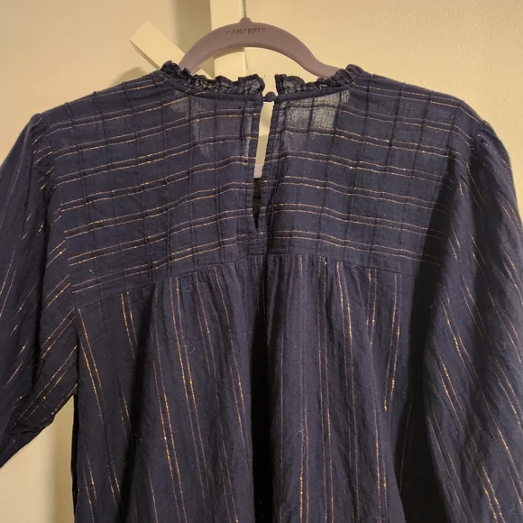Anthropologie Maeve Reston Blouse | Navy Gold Metallic‎ Stripe Large, Like New! - Picture 7 of 10